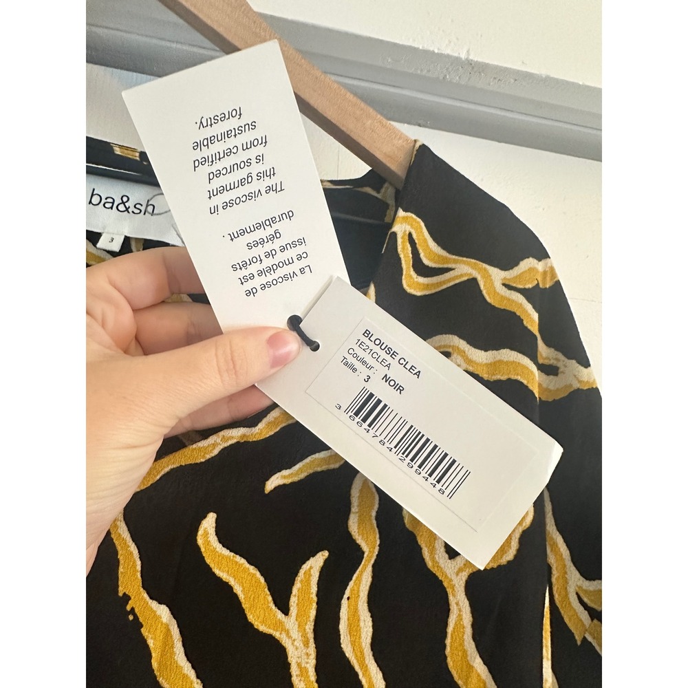 Ba&sh Clea Blouse‎ Noir Black Yellow Abstract Print V-Neck Button Top Size 3 NWT - Picture 4 of 7